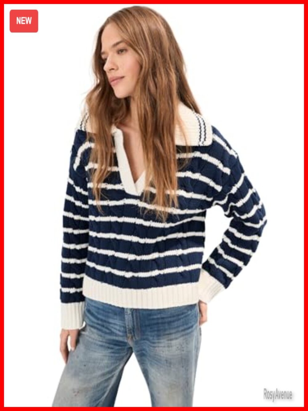 Relaxed Fit Striped Cable Knit Polo Neck Pullover Sweater Long Sleeve